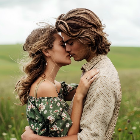 ilustratie, femeie tanara, imbracata cu rochie sau bluza verde cu imprimeu floral, cu umerii dezgoliti, pregatita sa isi sarute partenerul, imbracat cu o camasa in nuante de bej, care o imbratiseaza, amandoi aflandu-se pe un camp cu flori 