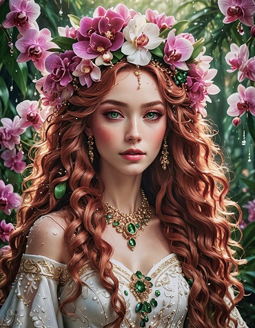 ilustratie generata AI, femeie tanara, frumoasa, cu parul lung, ondulat, roscat, imbracata cu rochie alba cu ornamente aurii, decoltata, cu maneci ce ii lasa umerii dezgoliti, cu colier auriu cu pietre pretioase verzi, cu cercei aurii, avand pe cap o coroana bogata de orhidee roz cu violet, margele aurii si pietre pretioase verzi, in timp ce se afla intr-un decor luxuriant verde, cu orhidee