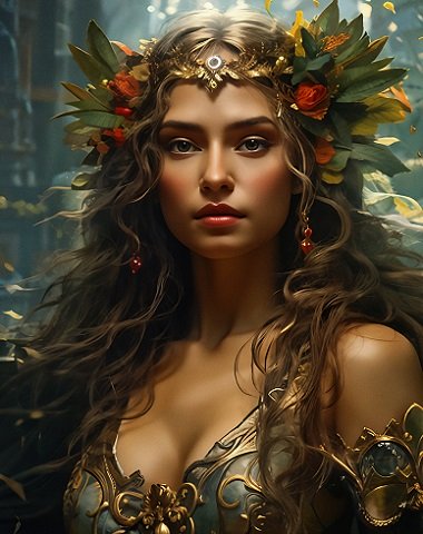 ilustratie generata AI, femeie tanara, frumoasa imbracata cu rochie de armura argintie si aurie decoltata, cu umeri dezgoliti, cu ornamente pe brate, purtand cercei rosii lungi si diadema aurie, de care sunt prinse flori rosii cu frunze