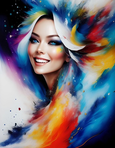 ilustratie generata AI, portret de femeie zambitoare, cu ochii albastri, cu par lung in mai multe culori, intr-un cadru stelar