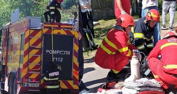 colaj imagini, masina de pompieri, unul dintre pompieri urcandu-se pe autospeciala si celalalt stand langa aceasta intr-o misiune si personal medical SMURD cu echipamentul din dotare stand langa victima unui accident incercand sa-i acorde primul ajutor, in preajma lor aflandu-se si cativa martori