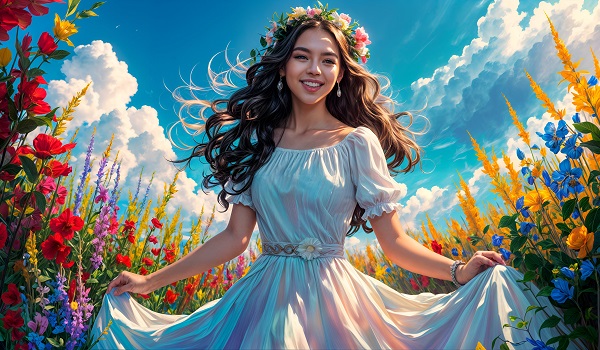 ilustratie generata AI, femeie tanara, frumoasa, vesela,imbracata cu rochie alba lunga, cu maneci scurte, avand pe cap o coronita de flori, in timp ce isi tine rochia de poale si se afla pe un camp plin de flori vara, intr-o zi senina