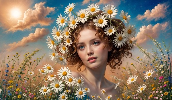 ilustratie, portret de femeie tanara, frumoasa, ganditoare, avand pe cap un ornament din margarete, fiind inconjurata de margarete si de alte flori in timp ce se afla pe un camp vara, in spatele ei observandu-se cerul albastru, cu nori pufosi si soarele care o lumineaza