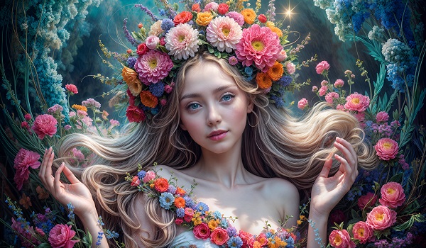 ilustratie generata AI, portret de femeie tanara, frumoasa, blonda,cu chipul senin, imbracata cu o rochie alba cu umerii dezgoliti, avand un ornament de flori la gat si coroana bogata de flori pe cap, tinandu-si bratele ridicate, in timp ce este inconjurata de flori variate intr-un tunel de flori