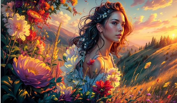 ilustratie generata AI, femeie tanara, frumoasa, imbracata cu rochie decoltata, cu flori albe in zona gatului, avand o coronita de flori albe, privind in zare in timp ce se afla pe o pajiste cu flori de vara, intr-o zi insorita, si are in spatele ei munti