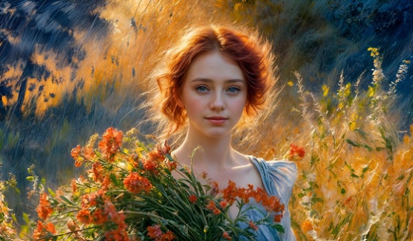 ilustratie generata AI tip pictura, femeie tanara, frumoasa, zambitoare, cu parul roscat, purtand o rochie bleu, in timp ce tine in brate un buchet de flori de vara portocalii si se afla pe o pajiste
