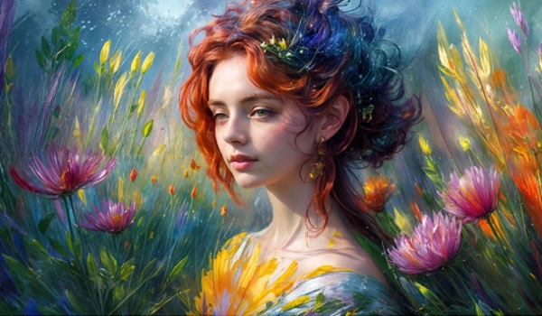 ilustratie generata AI tip pictura, femeie tanara, frumoasa, ganditoare, avand flori galbene delicate in par, inconjurata de diverse flori de vara in timp ce se afla pe o pajiste