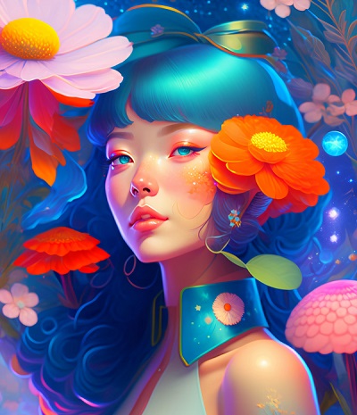 ilustratie generata AI, portret de femeie tanara, frumoasa, cu parul albastru, imbracata in bleu, cu umerii descoperiti, cu un ornament turcoaz cu o floare roz, inconjurata de flori intr-un cadru cosmic, fantastic