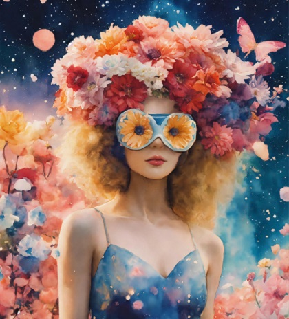 ilustratie generata AI, femeie tanara, blonda, cu parul cret, imbracata cu rochie bleu cu bretele subtiri, avand ochelari cu floarea-soarelui, pe cap un ornament mare de flori si fiind inconjurata de flori si fluturi intr-un cadru cosmic, fantastic
