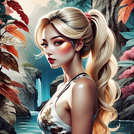 ilustratie generata AI, femeie tanara, blonda, frumoasa, cu parul prins in coada, stand din profil, imbracata cu rochie sau cu bluza alba decoltata, cu imprimeu cu frunze maro in timp ce se afla intr-un cadru cu frunze colorate, cu flori si cu o cascada