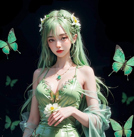 ilustratie, femeie tanara trista, cu parul verde deschis,cu flori albe in par, imbracata cu rochie vernil decoltata, cu bretele subtiri, avand la gat un colier cu piatra verde, tinand in mana o floare alba, in timp ce se afla intr-un cadru intunecat si este inconjurata de fluturi mari vernil