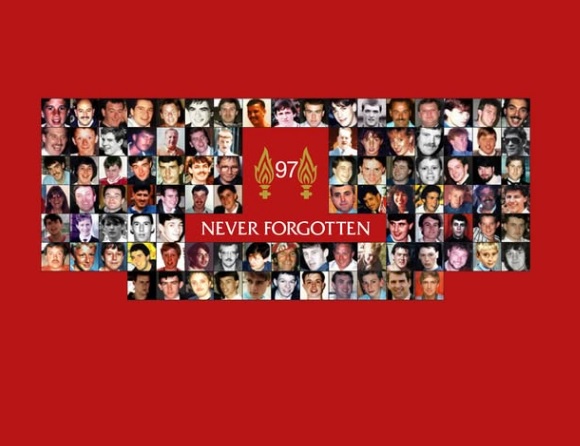 afis cu chipurile victimelor tragediei de pe stadionul Hillsborough din Sheffield, 1989
