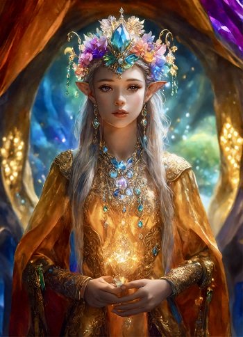 ilustratie generata AI, regina elf tanara, ganditoare, imbracata cu rochie aurie cu maneca lunga, cu bijuterii opulente albastre si cu cercei lungi, purtand pe cap o coroana de flori si pietre pretioase, in spatele ei aflandu-se un tunel cu auriu, cu albastru si cu mov