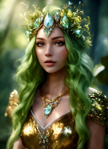 ilustratie generata AI, printesa tanara cu parul verde, imbracata cu rochie aurie cu pietre verzi decoltata, cu colier auriu cu piatra bleu-turcoaz, cu coroana cu pietre bleu-turcoaz si cu frunze, in timp ce se afla in padure