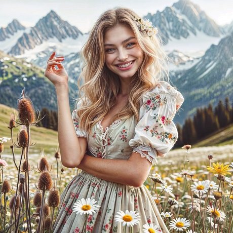 ilustratie generata AI, femeie tanara, frumoasa, cu parul blond, vesela, imbracat cu rochie alba cu maneci bufante si cu imprimeu floral, stand in mijlocul unei pajisti montane cu flori de vara, in spatele ei aflandu-se muntii cu zapada pe varfuri
