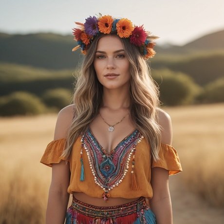 ilustratie generata AI, femeie tanara, frumoasa, zambitoare, cu parul lung si blond, imbracata cu o bluza mustar scurta, decoltata,cu margele si cu o fusta cu turcoaz si cu ciclam, tot cu margele, avand o coronita de flori de vara si stand pe un camp, cu spatele la tufisuri si dealuri inverzite