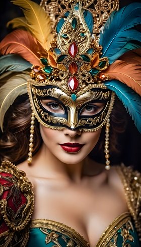 ilustratie generata AI, femeie frumoasa, tanara, imbracata cu rochie decoltata cu turcoaz si cu auriu, cu maneci rosii cu auriu, avand masca tip venetian cu negru, cu auriu, cu pietre colorate si cu pene de diverse culori 