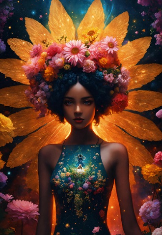 ilustratie, femeie tanara, frumoasa, cu parul ondulat, imbracata cu o rochie albastra cu imprimeu floral, avand pe cap o coronita de flori, fiind inconjurata de o corola galbena de floare intr-un spatiu cosmic cu flori