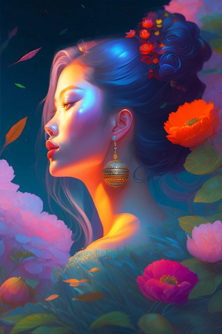 ilustratie, portret de femeie tanara, din profil, cu parul strans in  coc, cu flori la coc, cu cercei aurii mari, atarnati, inconjurata de  flori si frunze intr-un cadru cosmic