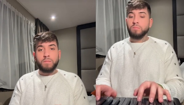 colaj imagini capturi TikTok, Fulgy de la Clejani intr-o camera,imbracat cu pulover alb, intr-una dintre imagini stand ganditor, iar in cealalta stand cu mainile pe clape pentru a canta 