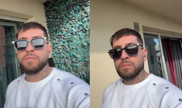 colaj imagini, Fulgy, fiul Vioricai si al lui Ionita de la Clejani, purtand ochelari negri de soare, imbracat cu pulover alb, stand pe balconul de la apartamentul sau