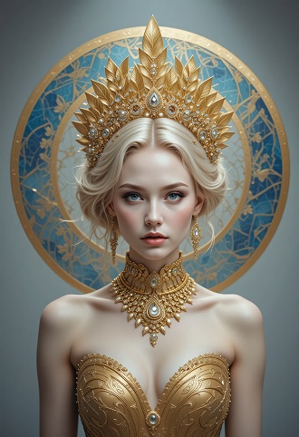 ilustratie, femeie tanara, frumoasa, blonda, cu parul strans, imbracata in auriu, cu colier opulent auriu, cu coroana aurie, cu cercei lungi aurii, inconjurata de o aura cu bleu si cu auriu