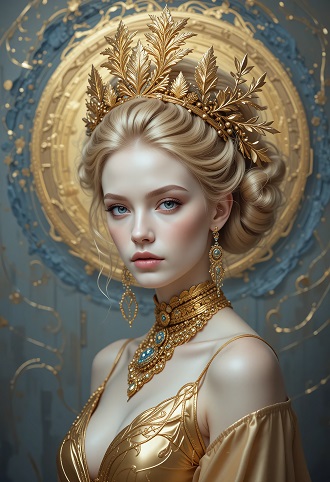 ilustratie generata AI, femeie tanara, frumoasa, blonda, cu parul strans, imbracata in tinuta aurie, cu colier si cu cercei aurii, cu coroana aurie sub forma de frunze, inconjurata de un fel de aura pictata, cu bleu si cu auriu