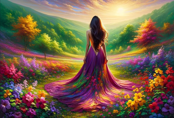ilustratie generata AI, femeie tanara, intoarsa cu spatele,cu parul lung, imbracata cu rochie violet lunga cu spatele gol, decorata cu flori pe poale, stand si privind in zare pe o pajiste cu flori intr-un colt de natura cu dealuri si cu copaci