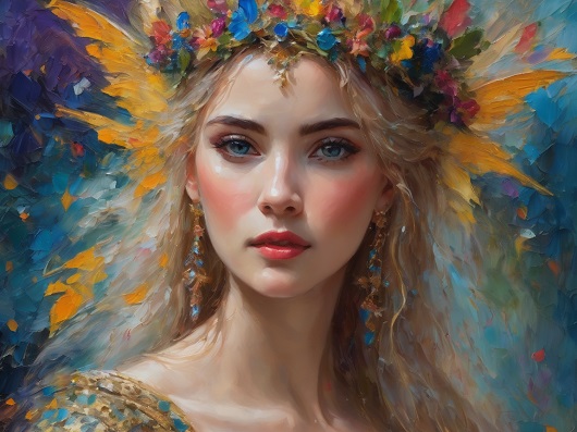 ilustratie generata AI tip pictura, portret de zana elf, tanara si frumoasa, in tinuta cu auriu si cu pietre turcoaz, cu cercei lungi aurii cu pietre turcoaz, cu coronita de flori si de frunze galbene