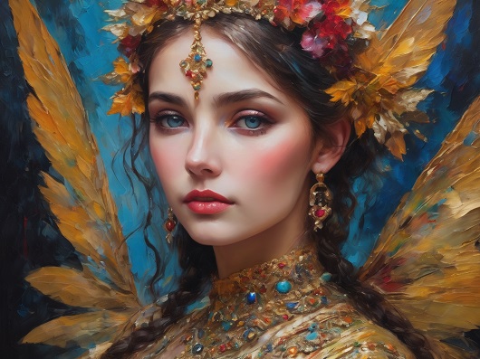 ilustratie generata AI, portret zana elf, tanara,frumoasa, cu aripi galbene, in tinuta aurie cu pietre pretioase turcoaz si rosii, cu cercei lungi aurii cu pietre rosii, cu coronita de flori pe cap 