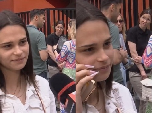 colaj imagini capturi video, adolescenta de clasa a opta, imbracata cu bluza alba, in fata microfonului unui reporter in curtea scolii dupa ce a iesit de la proba de Matematica a Evaluarii Nationale si adolescenta tinandu-si telefonul la ureche, avand unghii lungi false, dand interviu, in timp ce in spatele ei se pot vedea mai multi parinti