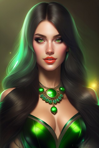 ilustratie generata AI, femeie tanara, frumoasa, zambitoare,cu parul lung, revarsat pe umeri, cu rochie sau cu bluza tip corset verde, cu colier masiv cu pietre verzi