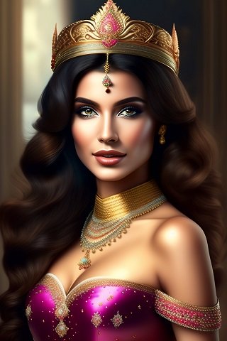 ilustratie generata AI, regina tanara, frumoasa, zambitoare, imbracata cu rochie violet decoltata, cu ornamente aurii si fara maneci, cu colier opulent cu auriu si cu turcoaz, cu coroana aurie cu roz