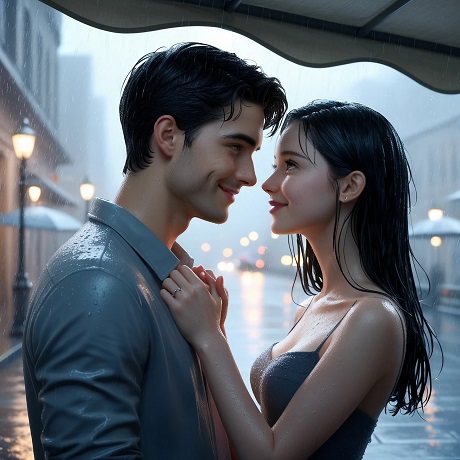 ilustratie generata AI, cuplu tanar, ipostaza romantica in ploaie, partenera zambitoare imbracata cu rochie sau bluza cu bretele subtiri gri, uitandu-se in ochii partenerului ei, care ii zambeste, si atingandu-l cu afectiune pe piept, acesta fiind imbracat cu o camasa bleu uda, amandoi stand sub o copertina ca sa se adaposteasca de ploaie pe o strada cu luminile aprinse