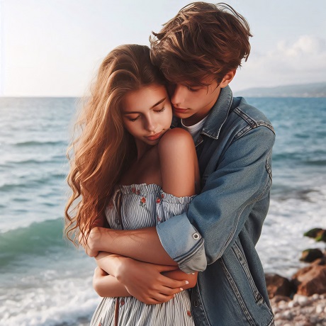 ilustratie, cuplu tanar, moment romantic pe plaja, la malul marii, partener imbracat cu tricou alb si jacheta de blugi imbratisandu-si partenera, imbracata cu rochie alba cu dungi fine, cu umerii dezgoliti, care sta cu ochii inchisi