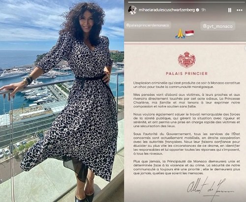 colaj imagini, Mihaela Radulescu vesela, imbracata cu o rochie cu imprimeu marunt alb-negru, tinand o mana in șold si cealalta pe o balustrada de pe un balcon cu sticla in timp ce in spatele ei se vede o imagine dintr-un port si redistribuirea postarii facute de Principele Albert in legatura cu explozia cu bomba din Monaco