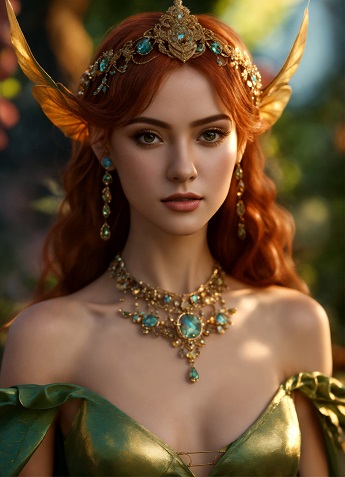 ilustratie, portret de printesa elf, ganditoare, cu parul roscat, imbracata cu rochie verde din material lucios, decoltata, cu umerii dezgoliti, cu colier auriu cu pietre turcoaz, cu cercei lungi, cu coroana cu auriu si cu pietre turcoaz, intr-un cadru din natura