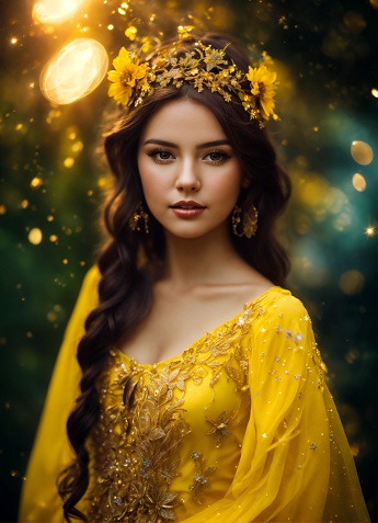 ilustratie, printesa tanara, frumoasa, imbracata in rochie galbena, cu ornamente aurii, cu maneci lungi, avand pe cap o coroana aurie cu flori galbene, inconjurata de luminite aurii intr-un colt de natura