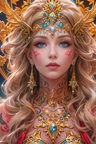 ilustratie generata AI, portret de printesa tanara, frumoasa, blonda, cu tatuaje pe gat, pe umeri si pe fata, cu tinuta cu rosu, auriu si turcoaz, cu decolteu adanc, purtand colier opulent cu auriu, cu pietre turcoaz si rosii, cercei lungi aurii cu pietre turcoaz si coroana aurie cu pietre turcoaz