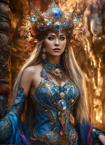 ilustratie, printesa blonda imbracata cu rochie cambrata albastra, cu ornamente aurii, cu pietre pretioase, avand pe cap un ornament opulent cu pietre albastre si frunze si un colier masiv cu albastru si cu auriu, in timp ce sta langa o coloana a unui palat prin care patrunde lumina