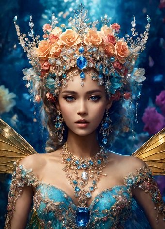 ilustratie, zana inaripata,cu aripi galbene, imbracata cu rochie turcoaz cu auriu decoltata, cu ornamente pe umeri, purtand la gat un colier masiv auriu cu o piatra mare albastra si cu mai multe pietre turcoaz, avand pe cap un ornament din flori, cu pietre pretioase si cercei lungi din pietre turcoaz, in spatele ei fiind flori