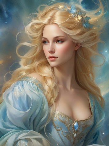 ilustratie generata AI, printesa tanara, frumoasa, blonda, imbracata cu rochie bleu cu auriu, decoltata, cu maneci lungi ample, avand pe cap o coronita de stele cu albastru si cu auriu, in timp ce sta ganditoare intr-un cadru stelar