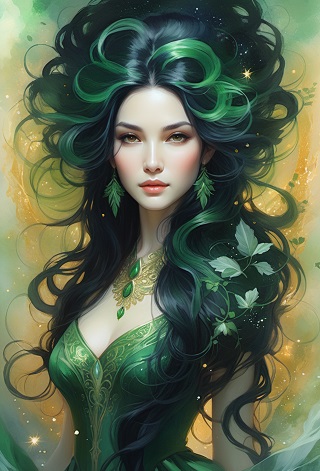 ilustratie generata AI, femeie tanara, frumoasa, bruneta, cu suvite verzi, cu frunze in par, imbracata cu o rochie verde decoltata, cu auriu, cu colier cu pietre pretioase verzi si cu cercei lungi asortati, fiind inconjurata de lumina si de stralucire intr-un cadru stelar