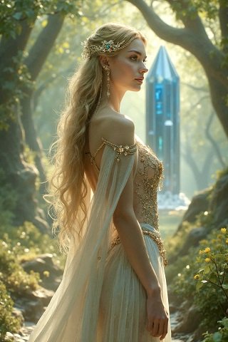 ilustratie generata AI, printesa blonda cu parul lung, imbracata cu rochie alba, cambrata, cu auriu, cu umerii descoperiti, uitandu-se in zare intr-o padure vara, intr-un luminis aflandu-se un obiect misterios, albastru
