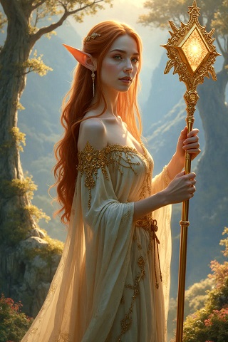 ilustratie generata AI, printesa elf tanara, cu parul lung roscat, imbracata cu rochie bej cu ornamente aurii, cu umerii descoperiti, tinand in mana un toiag magic, in timp ce se afla intr-o padure
