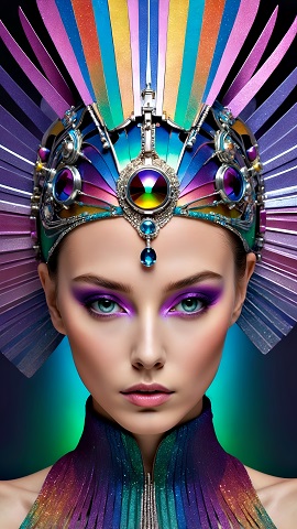ilustratie generata AI, portret de femeie tanara,frumoasa, cu machiaj cu violet pe pleoape, imbracata cu o tinuta stralucitoare in nuantele curcubeului, avand pe cap un ornament opulent cu nuante de mov, de turcoaz si de portocaliu, cu pietre pretioase mari, in nuante de mov
