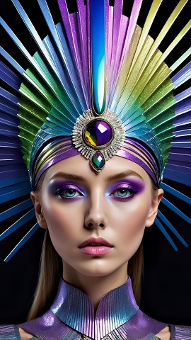 ilustratie generata AI, portret de femeie tanara, frumoasa, cu machiaj al pleoapelor in nuante de mov si de albastru,imbracata cu o tinuta mov, stralucitoare, avand pe cap un ornament opulent, in nuante de mov, verde si turcoaz, cu o piatra pretioase mare, mov, asezata pe frunte