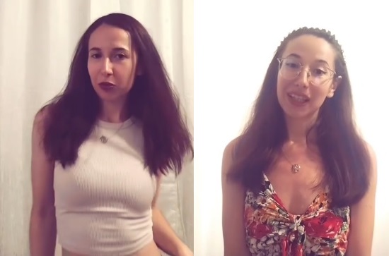 colaj imagini, artista Laura Balan, care a lansat piesa Alex Stamate, imbracata cu maieu alb si purtand ochelari,avand bentita pe cap, si fiind imbracata cu o rochie inflorata, decoltata, cu bretele subtiri