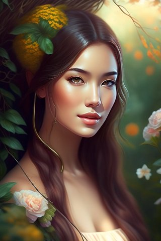 ilustratie generata AI, portret de femeie tanara, frumoasa, zambitoare, cu parul lung curgându-i pe umeri, avand pe cap o palarie galbena cu verde, decorata cu frunze verzi, imbracata in roz pal, inconjurata de flori, in timp ce se afla sub un copac