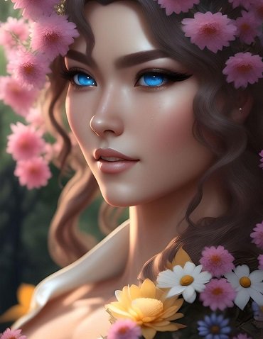 ilustratie generata AI, portret de femeie tanara,frumoasa, visatoare,cu flori roz in par si cu flori roz, galbene si albe in zona gatului
